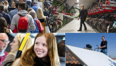 Vierluik van foto's met wandelend winkelpubliek, fietser parkeert fiets in ondergrondse fietsenstalling, passagiers in een bus en vakmensen leggen zonnepanelen op een dak.