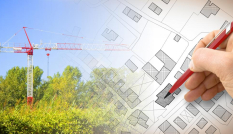 Compilatie van hijskraan in het groen en plattegrond woningbouw