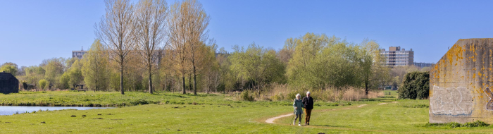 Man en vrouw met nordic walking stokken wandelen in het groen Noorderpark-Ruigenhoek, met op de achtergrond flats in Utrecht Overvecht