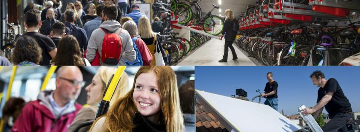 Vierluik van foto's met wandelend winkelpubliek, fietser parkeert fiets in ondergrondse fietsenstalling, passagiers in een bus en vakmensen leggen zonnepanelen op een dak.