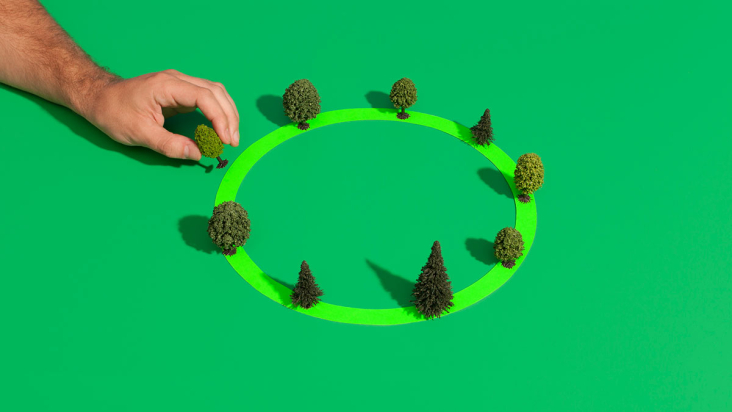 Visualisatie van een groene ring met bomen