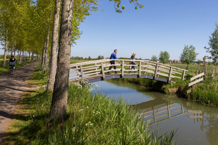 Man en vrouw wandelen over een houten brug van fietspad naar weiland