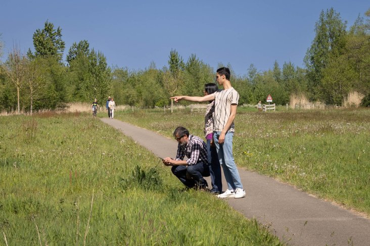 Fietsers en wandelaars in recreatiegebied De Schammer