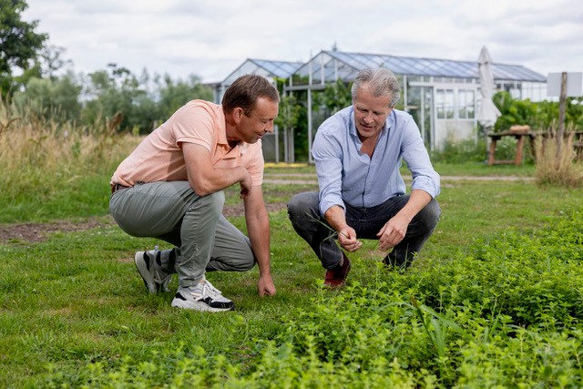 Carel Walhof en Jeroen Plesman bekijken gehurkt een stuk gras en grond