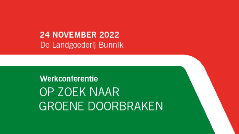 Banner met gekleurde vlakken en informatie over de werkconferentie