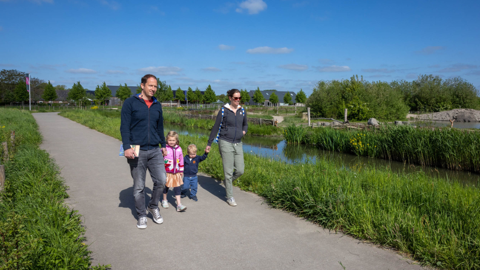 Gezin wandelt temidden van gras en speelplaats in Haarzuilens